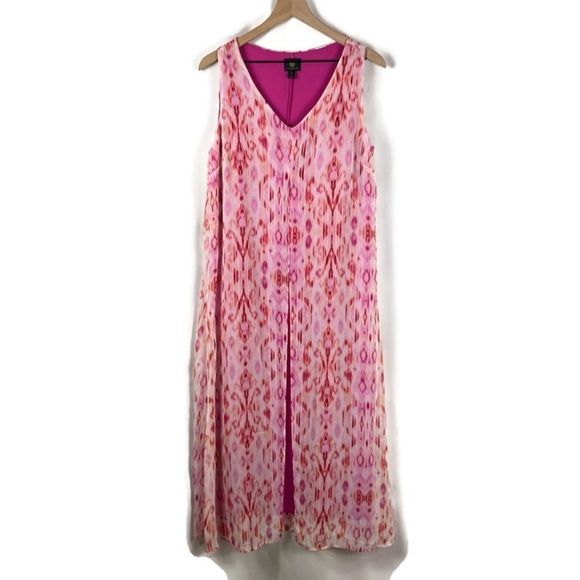 Pink Ikat Sheer Overlay Sleeveless Maxi Dress Coverup Petite Medium Vacation - Picture 2 of 11